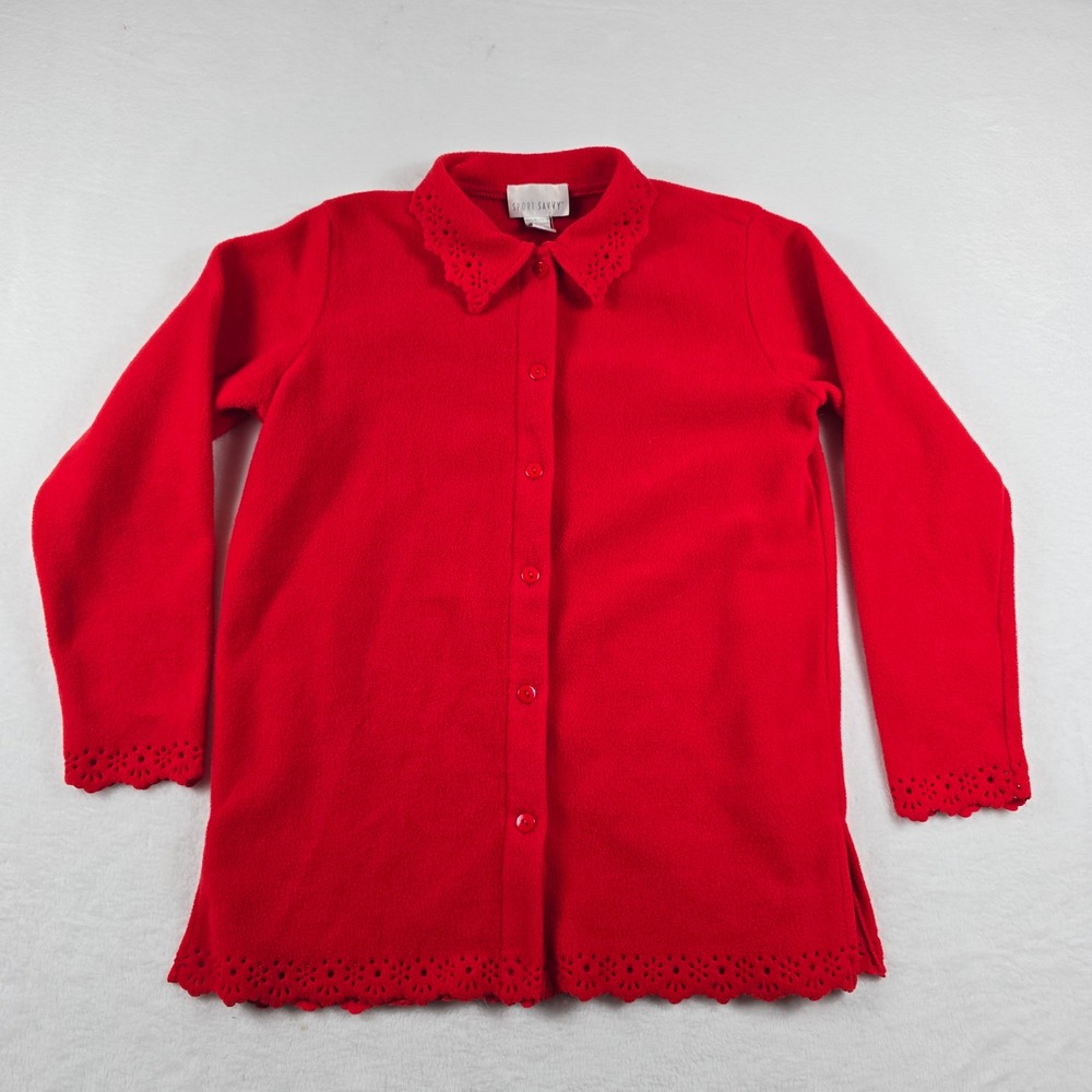 Sport Savvy Red Fleece Button Front Top Eyelet Trim Scalloped Hem Women Medium
